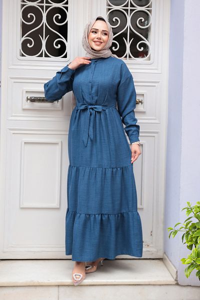 N.S NEVA STYLE Πτυχωτό Πλισέ Indigo Blue Hijab Φόρεμα 61621IM