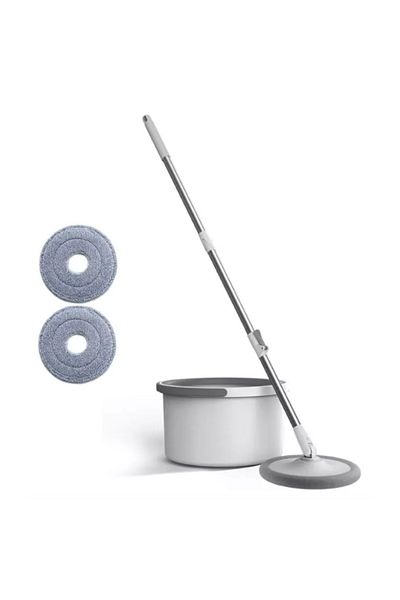 Herum Set mop rotativ cu găleată, storcător, mop rotund din microfibră, 2 lavete incluse, gri/alb