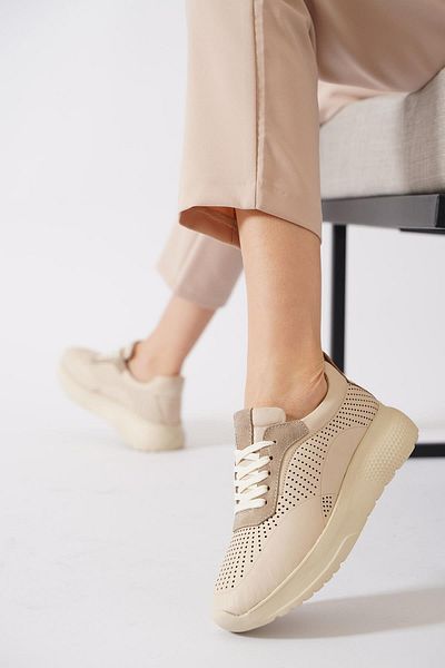 Moda Pie Pantofi sport de damă din piele naturală Polete Laser Perforator Piele bej