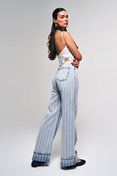 its basic Γυναικείο ριγέ τζιν χρώμα 4s5-3 Staright Fit Pocket Λεπτομέρεια 100% Koton Special Fabric Denim Jean