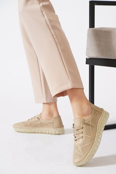Moda Pie Payes Sole Stitching Laser Genuine Leather Women's Shoes Beige Skin