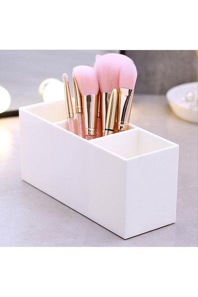 Generic Makeup Brush Holder, 3-compartment Organizer For Brushes, Lipstick, And Cosmetics (WHITE)