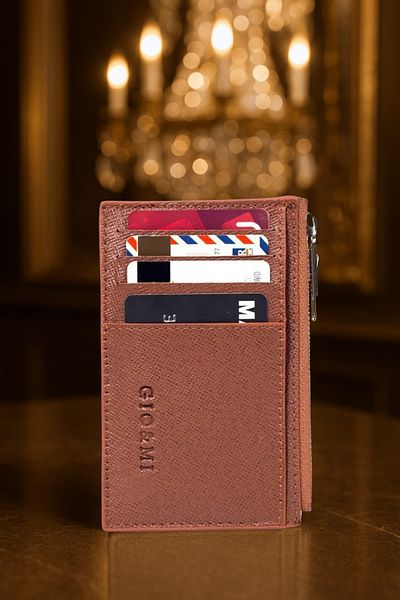 gio&mi Glorya Genuine Leather Coin Compartment Zippered Women's Cognac Brown Card Holder Wallet