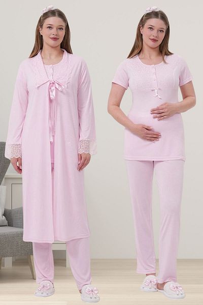 ByLohusa Pregnant Maternity Pajama Set with Pink Dressing Gown