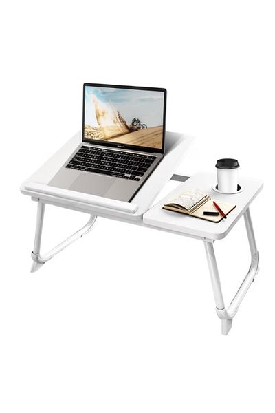 Herum Masa laptop MDF, cu suport pentru pahare, inclinare reglabila, alb, 60 x 32 x 25 cm