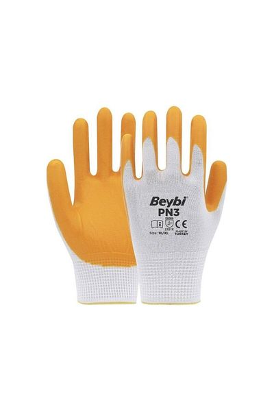 Beybi Pn3 Labor Gloves No:10 / XL Polyester Knitted Nitrile Gloves -Yellow White-12 Pack(12 Pairs)