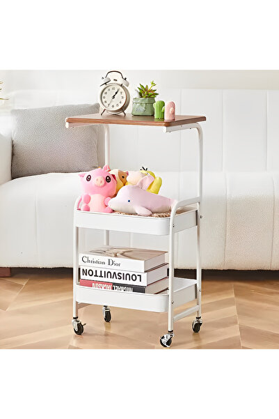 Herum Masa mobila pe 3 niveluri, 2 rafturi de depozitare, blat MDF, alb/maro,...