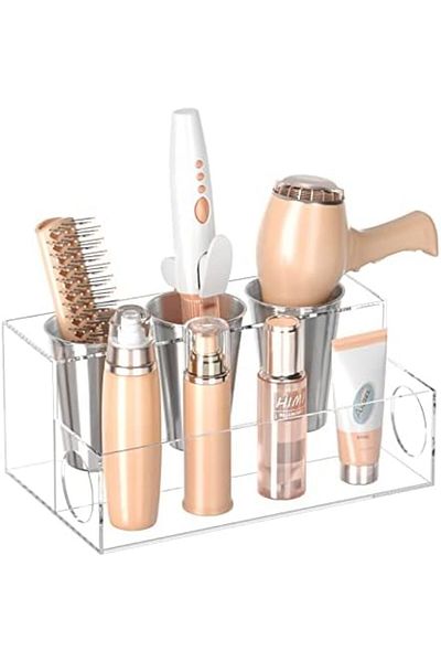 Generic Clear Acrylic Hair Tools Organizer – Countertop Hair Dryer Holder with 3 Storage Cups for Bathroom