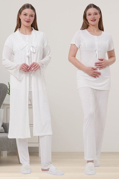 ByLohusa Ecru Maternity Pajamas Set with Dressing Gowns