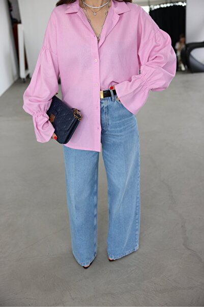 Özge Özgenç Ö.Ö.Keten Dokulu Kolları Lastikli Gömlek