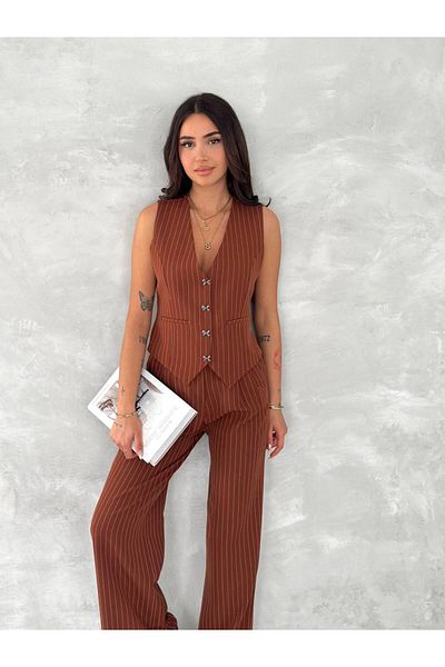 Stil Sepeti Women's Coffee Striped Bow Button Lined Vest Pants Suit Tl- 100080174