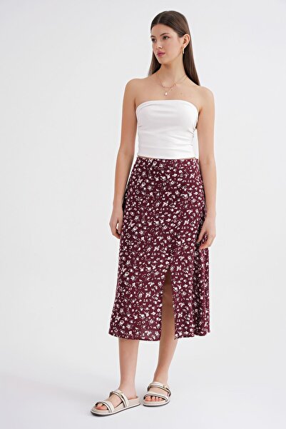 Mixray 4696 Fusta țesătă midi din țesătură din viscoză, cu detaliu cu fante, cu modele florale, roșu claret