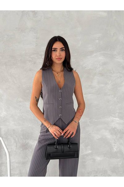 Stil Sepeti Women's Gray Striped Bow Button Lined Vest Pants Suit Tl- 100080174