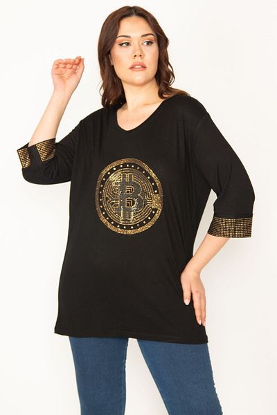 Şans Women's Large Size Black Stone Detailed Tunic 65n32428