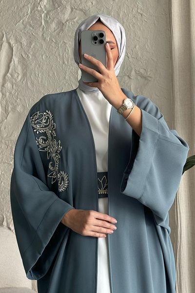 InStyle Abaya Mint with Bat Sleeve Dress with Stones on the Collar