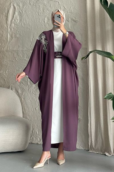 InStyle Abaya with Stone Collar and Bat Sleeve Dress Dusty Rose