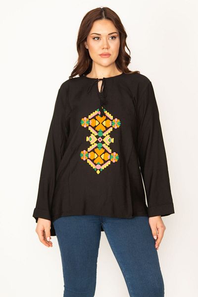 Şans Women's Plus Size Black Embroidery Detailed Collar Lace Up Blouse 65n32416
