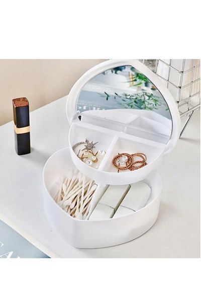 tafce Heart Design Mirrored Jewelry Storage Box with Compartments Pink White Color