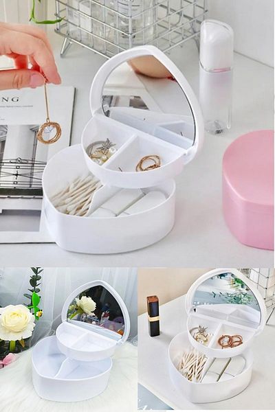 tafce Heart Design Mirrored Jewelry Storage Box with Compartments Pink White Color
