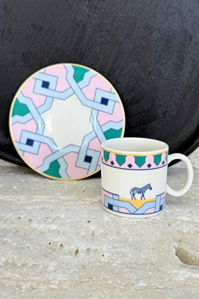 porselenden Lucca Premium Porselen 4 Parça 2 Kişilik Kahve Fincan Takımı 90 ml Turkuaz-Pembe Zebra Desenli