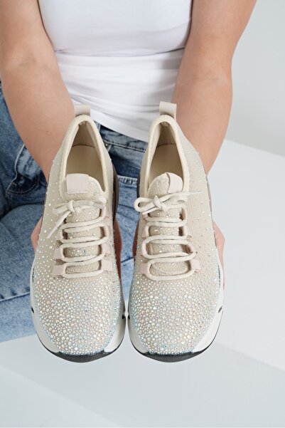 Beyond Kadın Bej Rose Beyaz Taş Detaylı Spor Sneaker 4,5cm Byndrsl400