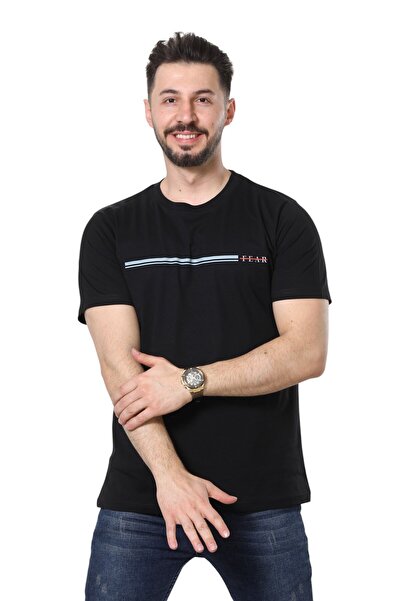 MODA Minimalist Written Stripe Detailed Black Men's Crew Neck T-Shirt
