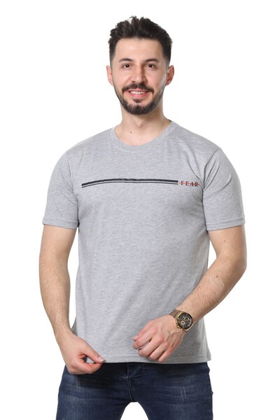 MODA Minimalist Yazılı Şerit Detaylı Gri Melanj Erkek Bisiklet Yaka T-Shirt