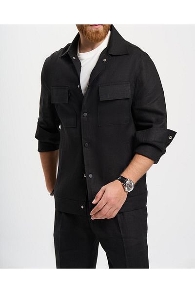 TerziAdemAltun Jachetă slim fit în stil italian, amestecată de in, neagră T13619