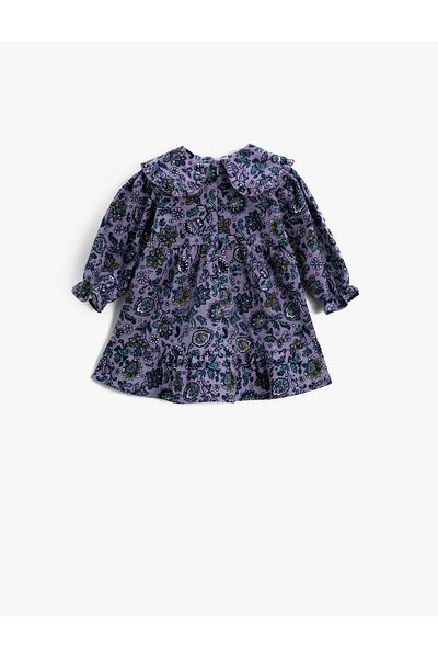 Koton Dress Wide Doll Collar Ruffles Floral Long Sleeve Cuffs Elastic