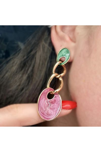 SE Jewellery Collection Selin Ersoy Chain Ring and Colorful Enamel Dangle Earrings – Rose Gold, Stylish Design (6.6 X 2 cm)