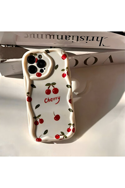HYPERSOFT Iphone 13 (6.1 inç) Uyumlu Chery Kiraz Desenli ve Kamera Koruma Çerçeveli Krem Renk Silikon Kılıf