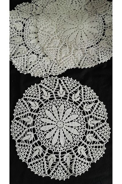 Papatyam Hand Knitted Crochet 5 Pcs (27 cm Diameter) Lace Set/Vintage/Handcrafted Dowry Lace/