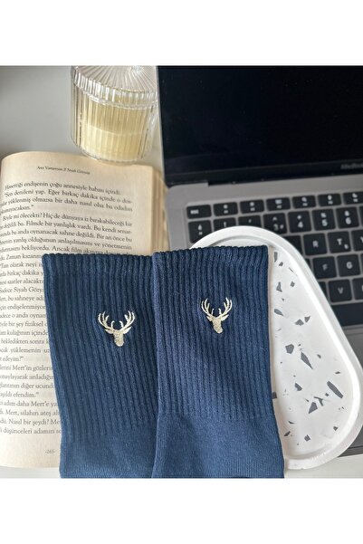 AYDK Geyik Nakışlı Renkli Yazlık Kışlık Pamuklu Unisex Lacivert Soket Çorap