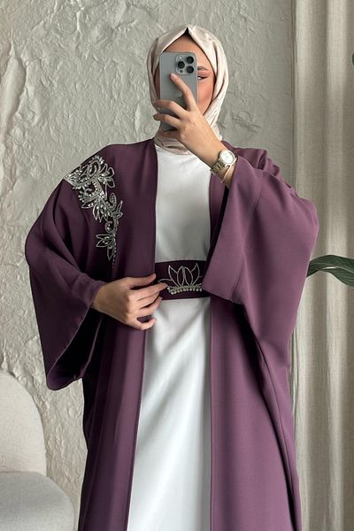 InStyle Abaya with Stone Collar and Bat Sleeve Dress Dusty Rose