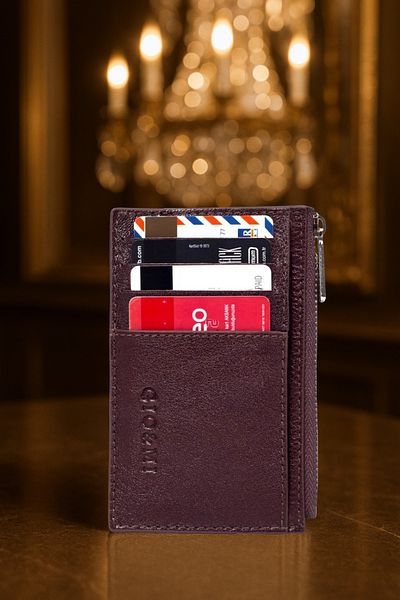 gio&mi Glorya Genuine Leather Coin Compartment Zippered Men's Brown Card Holder Wallet