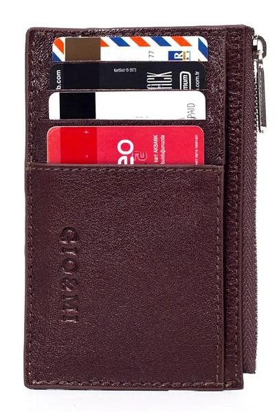 gio&mi Glorya Genuine Leather Coin Compartment Zippered Men's Brown Card Holder Wallet