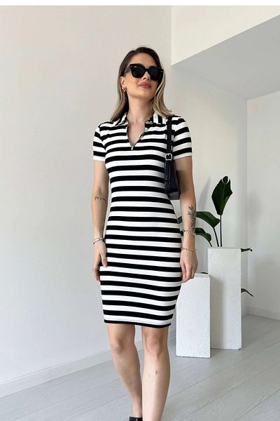 İKLİM LİFE Zippered Shirt Collar Striped Dress