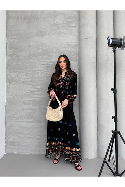 PREMİER VİE Hijab New Season Patterned Black Color Viscose Dress