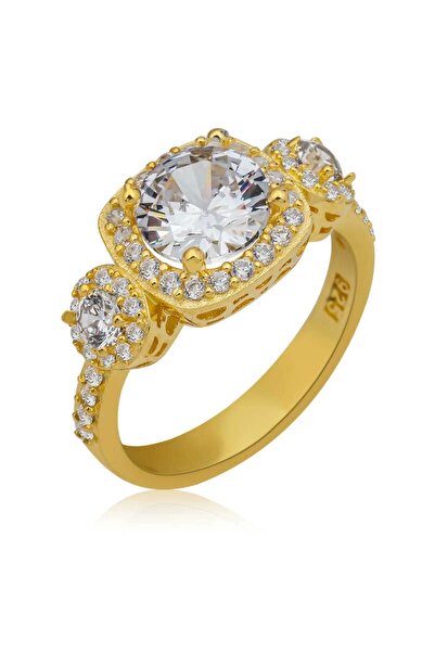 Gumush Gümüş Gold Kare Montür Tek Taş Kadın Yüzük