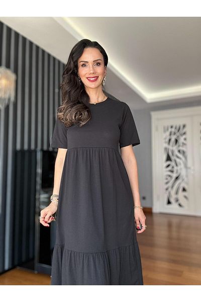 Atelier Derin Black Short Sleeve Skirt Layered Stitching Dress