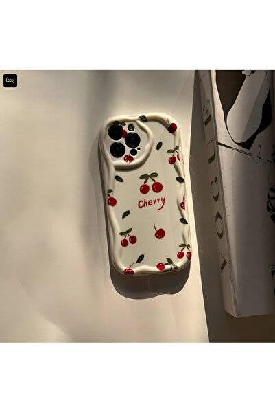 HYPERSOFT Iphone 7-8 Plus (5.5 inç) Uyumlu Chery Kiraz Desenli ve Kamera Koruma Çerçeveli Krem Renk Silikon