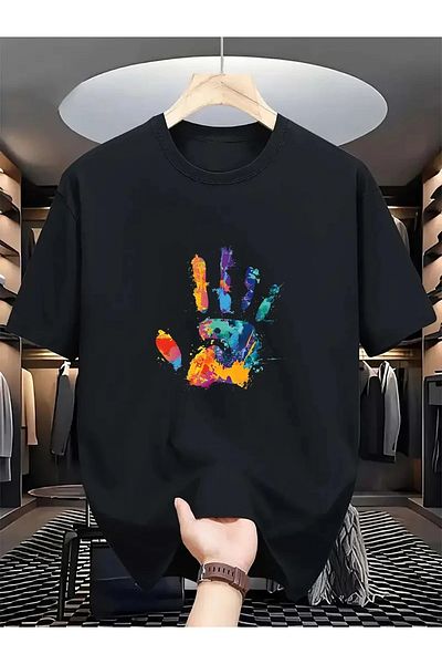 MODARİCH Colorful Hand T-Shirt - Black Printed Oversize Crew Neck Short Sleeve Loose