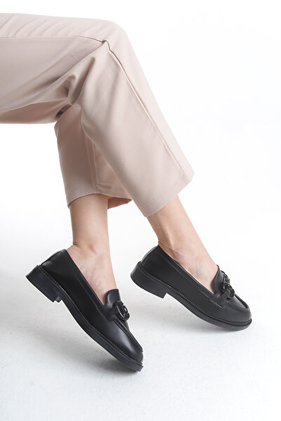 LexasUs Women's Loafer Black Round Buckle Black Thin Heeled Lightweight Styli...