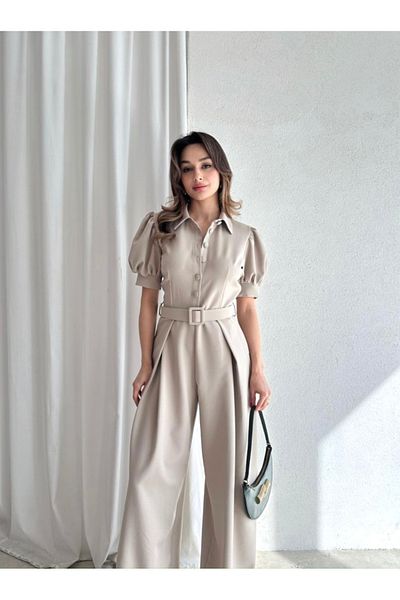 Afiş Butik Mink Belted Pleated Buttoned Jumpsuit