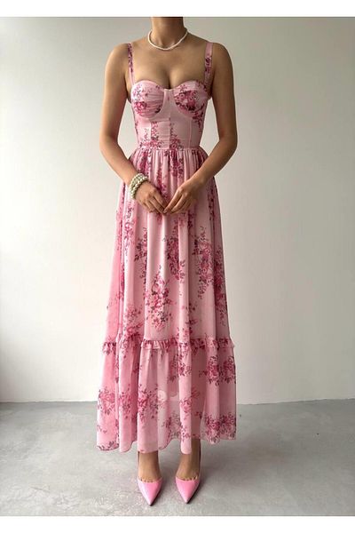 Julidress Φόρεμα Premium σιφόν με ροζ λουράκι με λαιμόκοψη με λουλουδάτο μοτίβο Midi μήκους