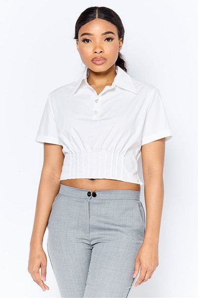 Steve Madden Women Spread Collar Short Sleeve Plain Blouse, White