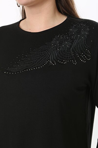 Şans Women's Plus Size Black Applique Lace and Stone Detailed Long Sleeve Blouse 65N37688