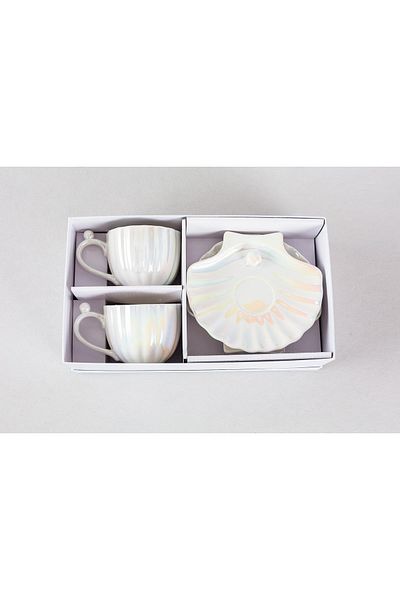 Vadi Oyster Pearl Pearlescent 4 Piece Porcelain Tea Cup Set for 2 People