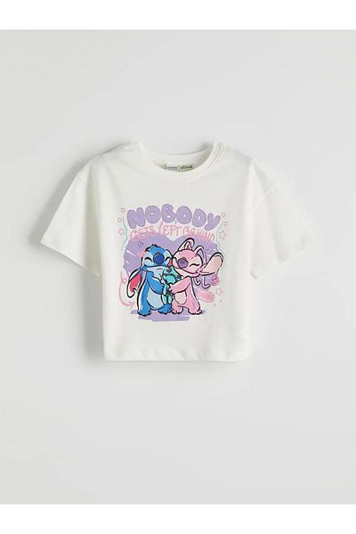 LC Waikiki Ecru Crew Neck Lilo and Stitch Printed Girl's T-Shirt and Sweatpants
