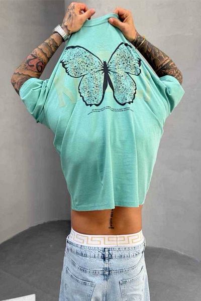 MADZEYMODA Ανδρικό μπλουζάκι Oversize Fit 100% βαμβακερό με λαιμόκοψη με πεταλούδα με στάμπα νερού Mz3007